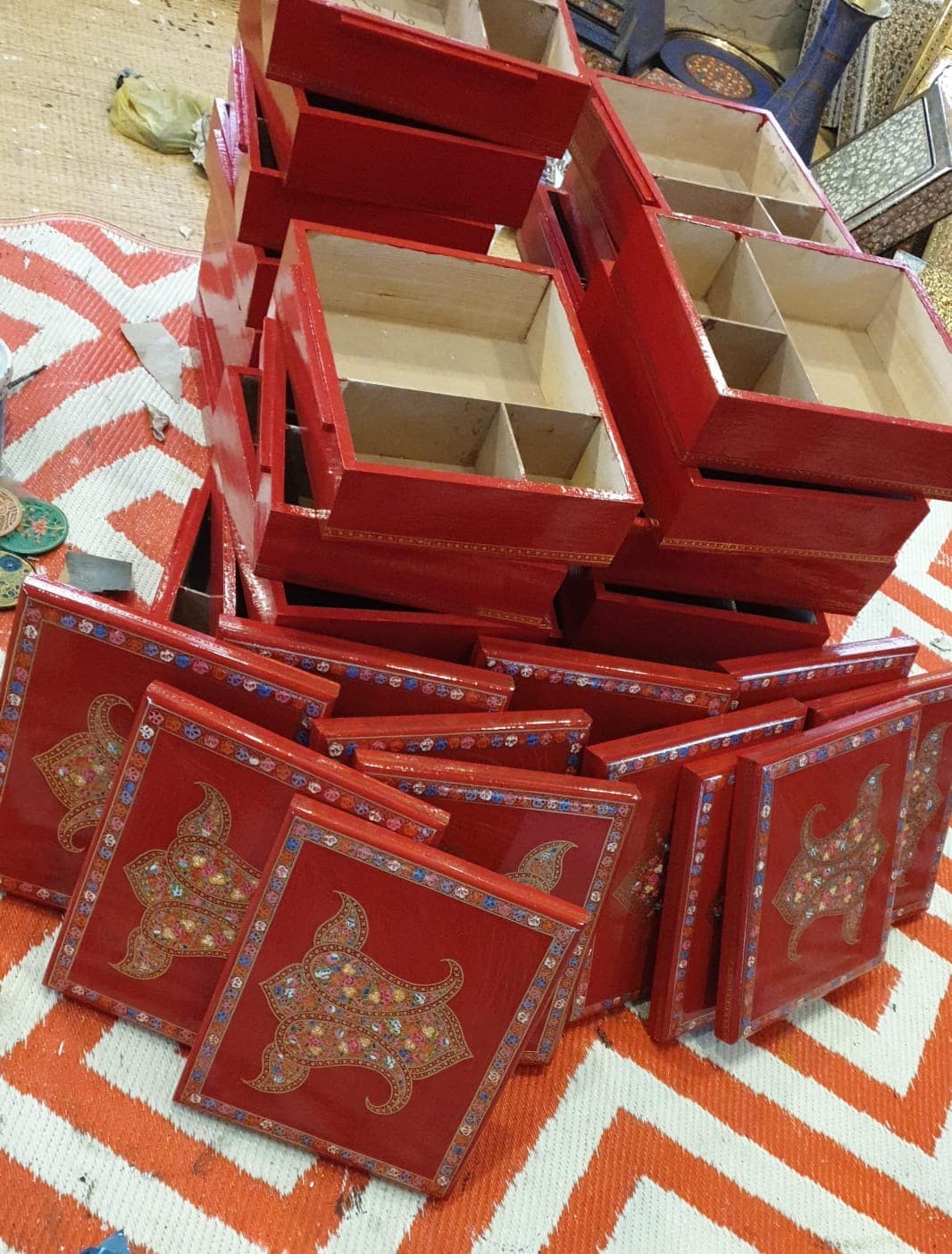 Custom hand-painted boxes in production